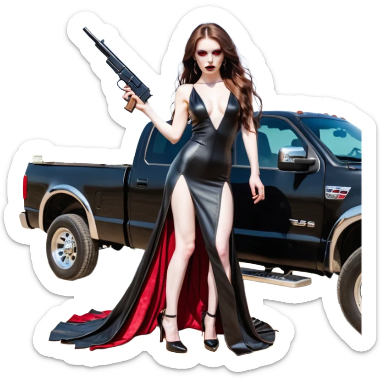 Lilith symbol red eye seductress evil long brown haired sexy succubus woman with leather long dress with slit, sitting in Big Large F350 pickup truck. Black Platform high heels on feet. Back of truck full of stacks of cash, and a man human skull with a gun in other hand sticker