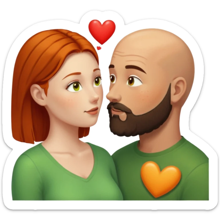 Couple. Bald man with dark brown-black beard. Woman with freckles, white skin and she has orange, auburn-yellow-brown hair. She has light yellow-green-brown eyes. He have hazel eyes. They look at each other. Many small red hearts around them. sticker