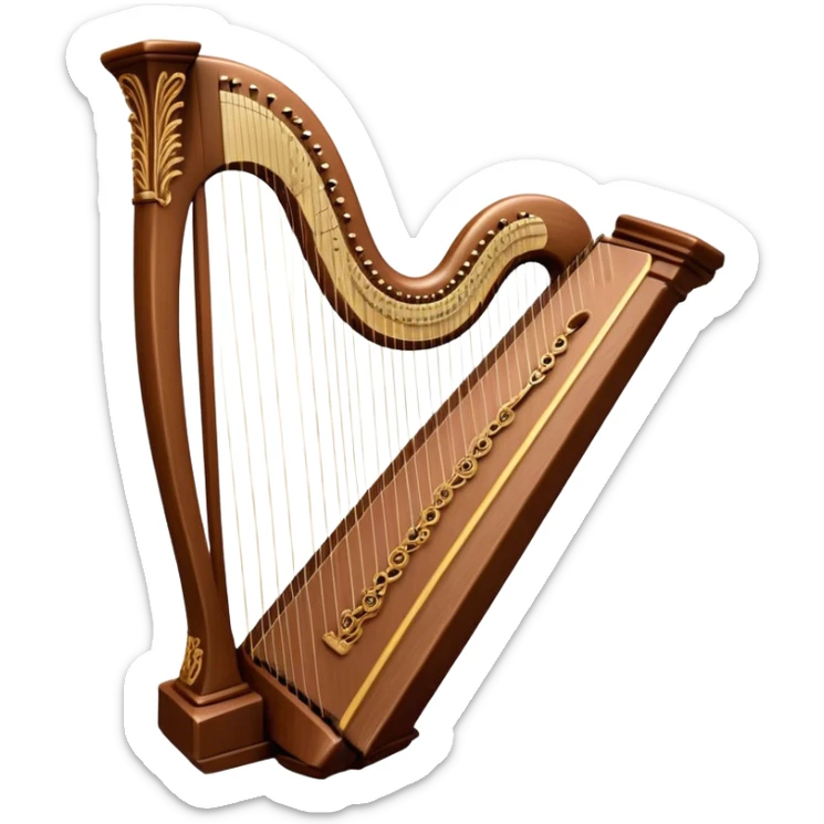 Cinematic Realistic Harp, a grand golden harp with intricately carved details, delicate strings shimmering under soft candlelight, rich wood tones adding warmth, a musician’s gentle fingers plucking a note, glowing with an ethereal and majestic aura. sticker