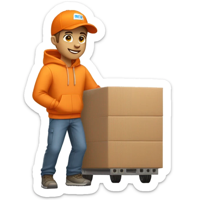 Delivery boy, full body, light skin tone, wearing orange cap and orange hoodie, kex delivery company uniform loading a package ,background security pos sticker