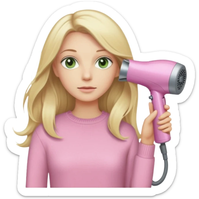 blonde with long hair and pale green eyes in a beige sweater holding a pink Dyson hair dryer, iOS emoji style sticker