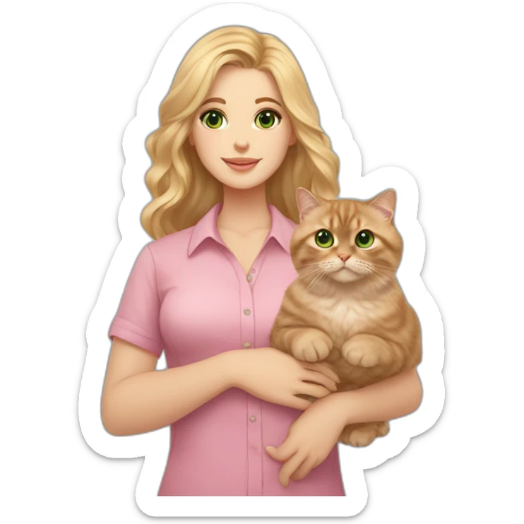 woman with green eyes and long wavy blonde hair and in a pink shirt is holding a very fluffy and fat brown Scottish fold cat sticker