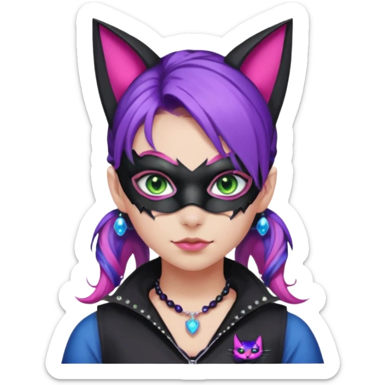 Girl with green eyes, wearing a bat mask with pink stones around her eyes, her hair tied in a ponytail, the hair is purple with blue and pink streaks, with black cat ears with pink stones around, wearing a black shirt that covers the neck, and a sleeveless blue jacket, and a necklace of pink stones sticker