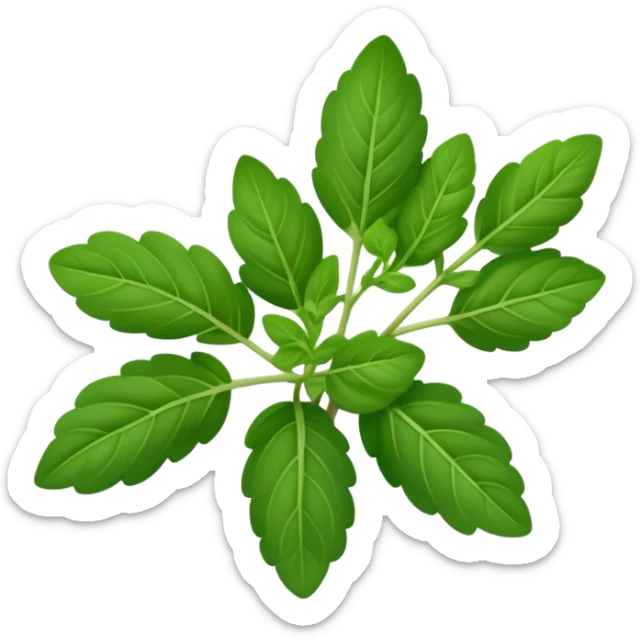 Cinematic Realistic Oregano Emoji, Bold and aromatic, with dark green leaves that radiate flavor and warmth. The plant’s rounded leaves create a lush, hearty growth, while the distinct scent invites comfort and coziness. Soft glowing outline, capturing the essence of bold flavor and herbal richness in a sprig of oregano! sticker
