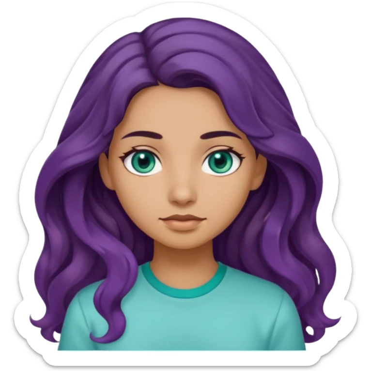 Girl with olive skin, teal eyes and dark very wavy long hair light purple shirt sticker