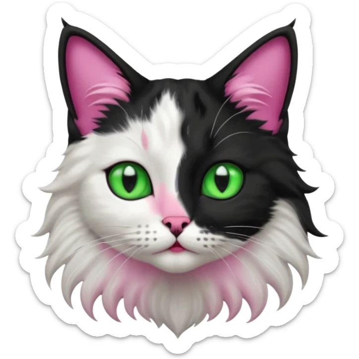 black and white long hair cat. green eyes. black nose and pink lips. black splotch in the shape of a star near nose (on the right side) sticker