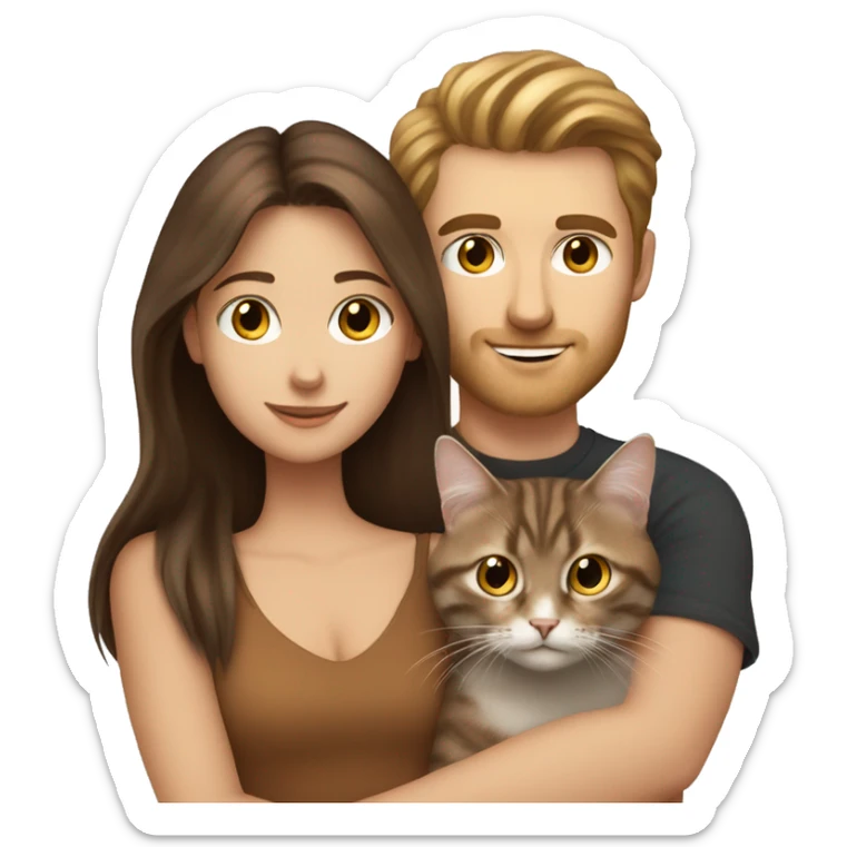 Long Brown hair girl and brunette white man holding tabby cat  sticker