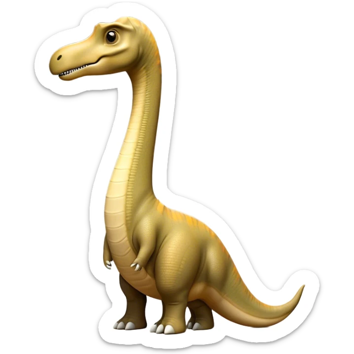 Cinematic Noble Brachiosaurus Portrait Emoji, Poised and majestic, with a towering, elongated neck stretching gracefully from a robust, column-like body, a small, gentle head with curious eyes, and subtle, textured skin in earthy tones, Simplified yet sharply defined features, highly detailed, glowing with a soft, golden radiance, high shine, intelligent and serene, stylized with an air of prehistoric grandeur, focused and calm, soft glowing outline, capturing the essence of a watchful and confident Brachiosaurus that appears ready to gracefully emerge from the screen with effortless power! sticker