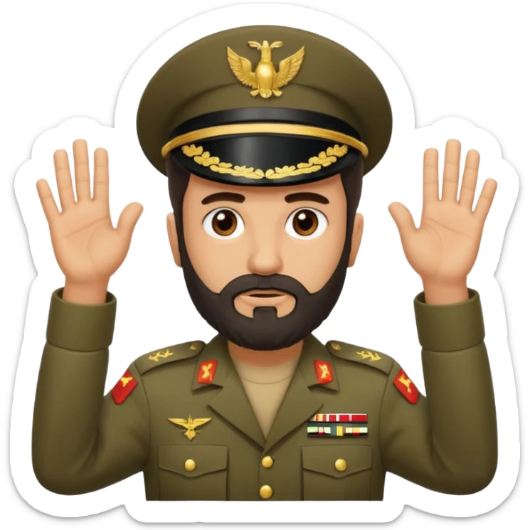 surrenders, depicts an Iraqi soldier from 1980, with a beard, a sad face and raised hands sticker