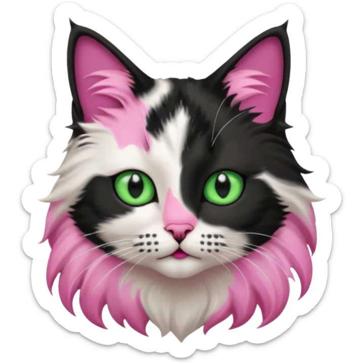 black and white long hair cat. green eyes. black nose and pink lips. black splotch in the shape of a star near nose (on the right side) sticker
