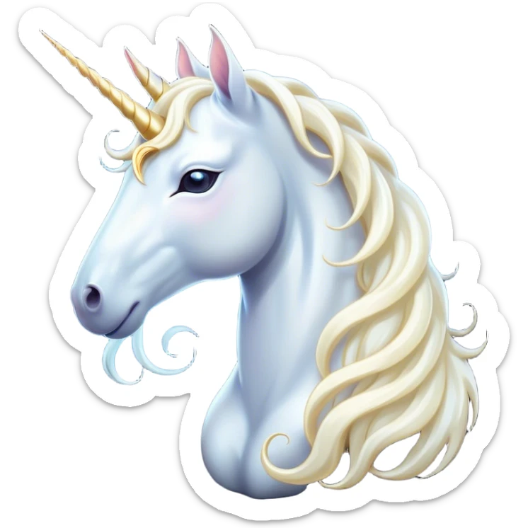 Beautiful and Majestic White Unicorn Portrait Emoji, Head and body exuding serene brilliance with a luminous, flowing mane and a gracefully spiraled horn, eyes gently closed in peaceful reverie, Simplified yet exquisitely enchanting features, highly detailed, glowing with a soft, celestial light, high shine, serene and utterly majestic, stylized with an air of timeless fantasy, soft glowing outline, capturing the essence of a beautiful and majestic white unicorn that embodies the pure magic of legend! sticker