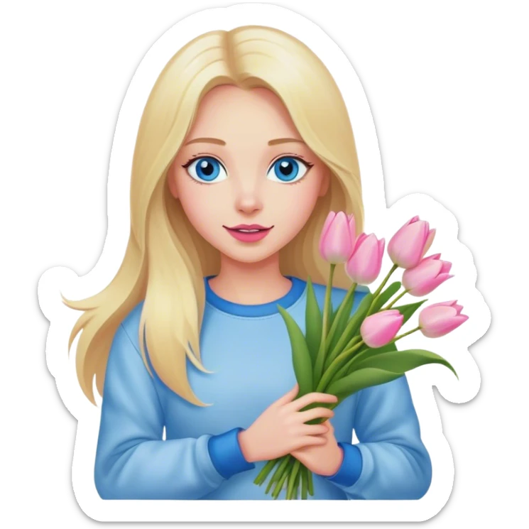 Cinematic realistic blonde with long hair, blue eyes and pink lips, dressed in jeans and a white sweatshirt, holding a bouquet of tulips in her hands sticker