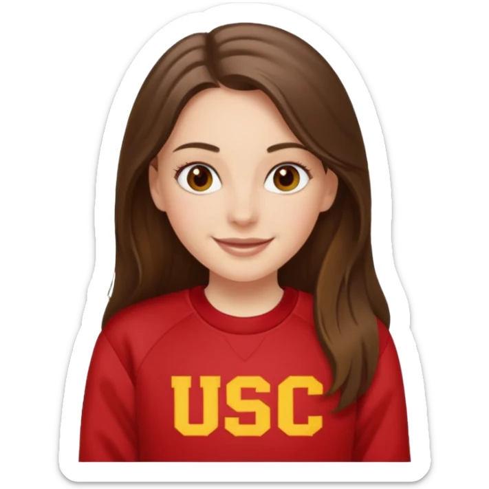 happy white long brunette hair girl with hazel eyes and in red USC sweatshirt sticker
