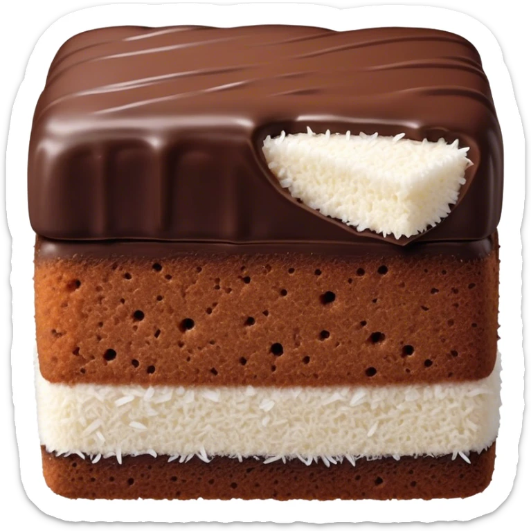 Lamington Cinematic Realistic Lamington Dessert Emoji, depicted as a sponge cake square coated in chocolate and dusted with coconut on all sides, rendered with lifelike textures and vibrant, tropical lighting. sticker