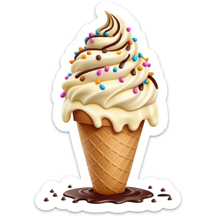 Cinematic scoop of rich, creamy ice cream, slightly melting, smooth swirls of chocolate and vanilla, colorful sprinkles on top, warm glowing background, playful and inviting. sticker