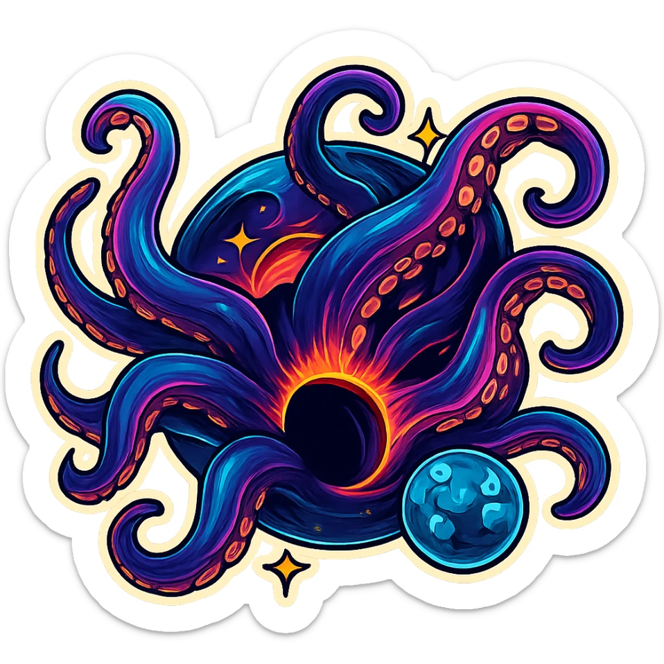 Edit the images to depict a cosmic monster coming through a hole in the sky in a retro sticker style. The scene should be dramatic with correct perspective and no background, preserving the retro sticker style look and feel. sticker