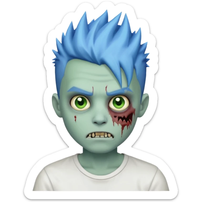 zombie boy with blue-tinted spiky hair, white shirt, pale green skin, emoji style sticker