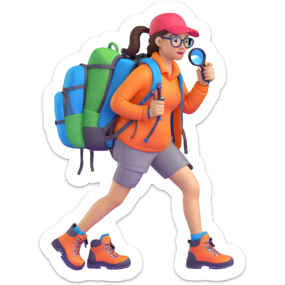 Happy energetic woman in her late 30s with glasses wearing colorful sporty outfit, hiking boots, and backpack, examining with a magnifying glass sticker