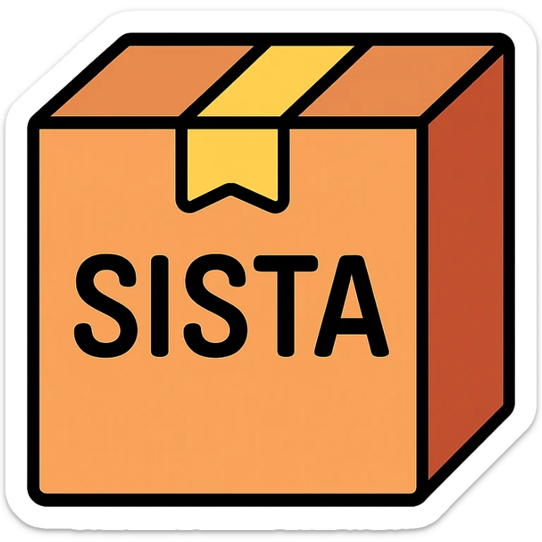 cardboard box with the word SISTA printed on it, clear and legible, color outline icon style sticker