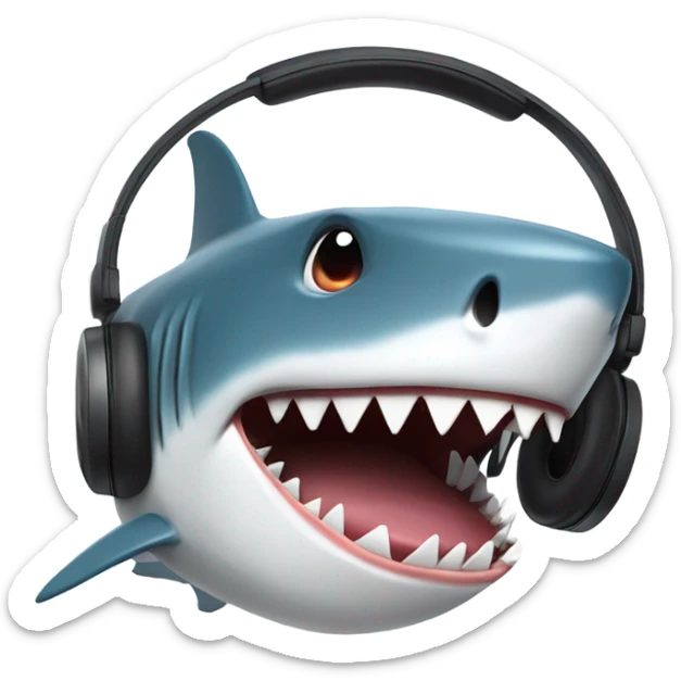 A shark wearing headphones and has poop on his head and has its mouth out and no teeth sticker