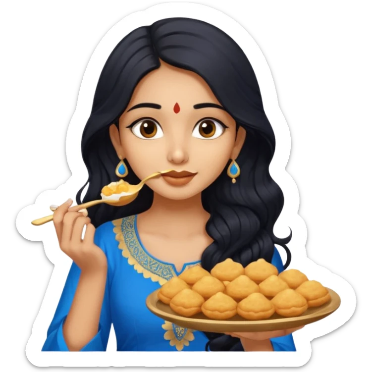 a pretty tan indian bratz girl with wavy long BLACK hair. eyeliner on, wearing a blue kurti, eating golgappa. NO SPOON sticker