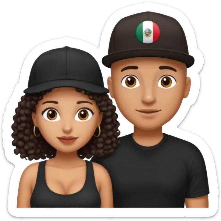 A picture of a cute tanned couple. the man is Mexican, with a bald hair cut wearing a SnapBack hat and a black shirt. the woman is mixed, she has curly longer dark brown hair, wearing no hat, and with big boobs  sticker