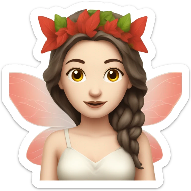 Pale skin, brunette fairy woman with red wings full body wearing leafs sticker