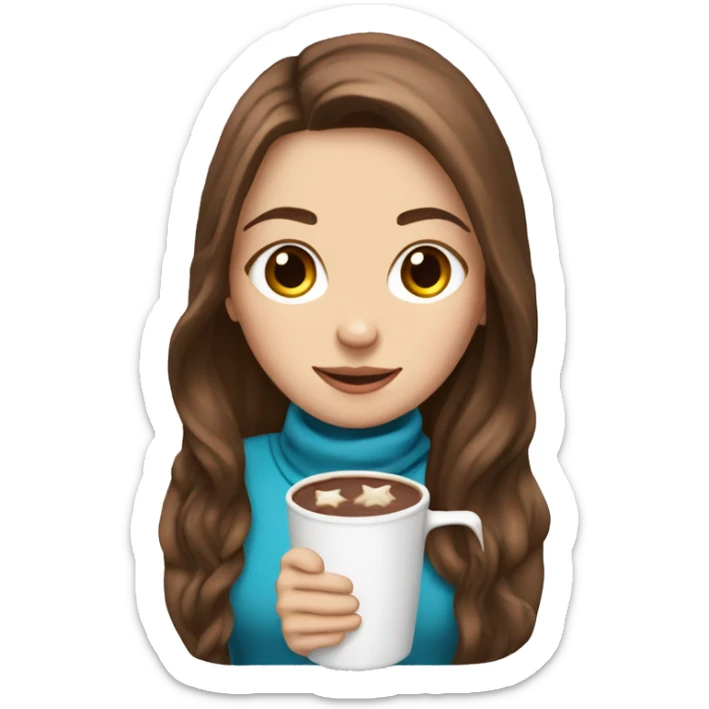 white girl with brown long hair and a hot chocolate sticker