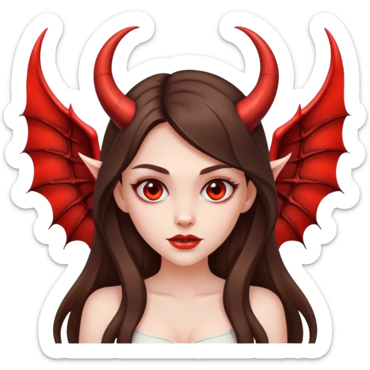 beautiful pale brunette girl with long hair with devil horns and devil wings sticker