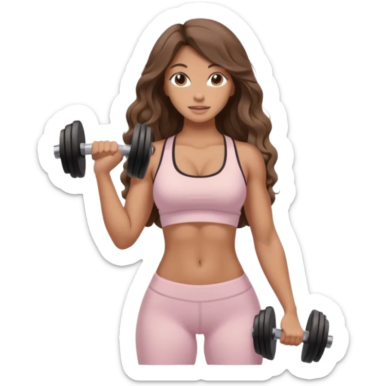 Create dream body girl with big glute and small waist and brown wavy long hair with pastel beige gym clothes with a weight in her hand  sticker