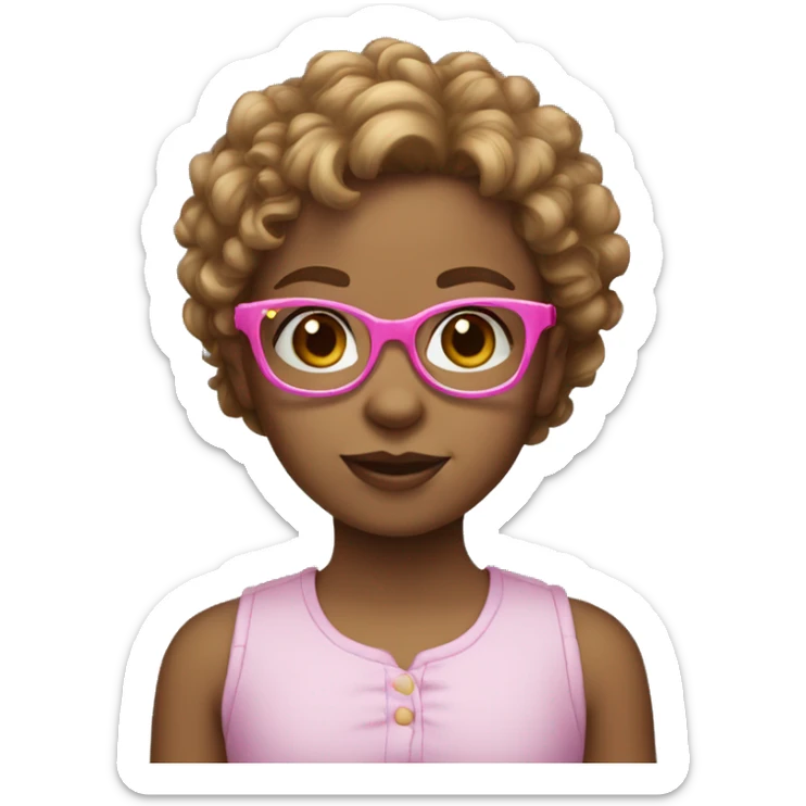 little girl with light brown curly hair, blue eyes and pink glasses sticker