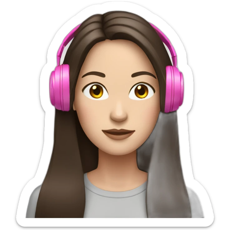 White woman with dark brown long straight hair with pink headphones on  sticker
