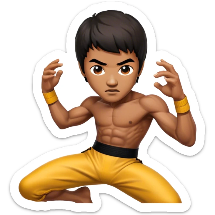 Cinematic Realistic Bruce Lee Portrait Emoji, depicted as a dynamic martial arts icon with an intense gaze and athletic physique caught in a fluid motion, rendered with vivid textures and energetic lighting that embodies his legendary prowess. sticker