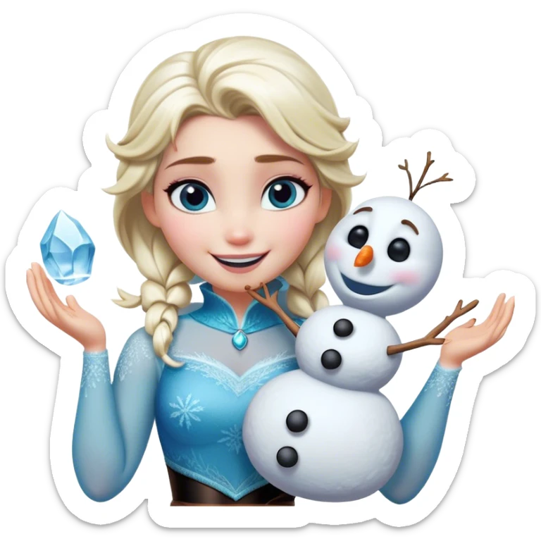 Cinematic Funny Elsa Portrait Emoji, Making a tiny snowman in her hands with a proud grin, looking smug as it dances, an unexpectedly hilarious moment of icy creativity! sticker