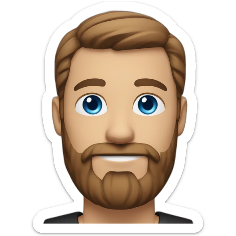 White man with a slight sun kissed tan, blue eyes and brown hair. He has a beard and mustache trimmed. Wears black clothing and wears his hair styled sideways backwards. sticker