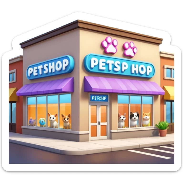 Modern building of a pet shop with a big glowing sign that says PETSHOP on the front. Colorful storefront, large windows showing pet products inside, cute animal illustrations on the walls, warm and friendly atmosphere, daytime, high-quality detailed render sticker