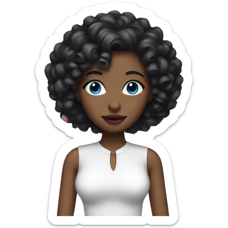 Woman with white skin, curly black hair, blue eyes, thin pink lips sticker