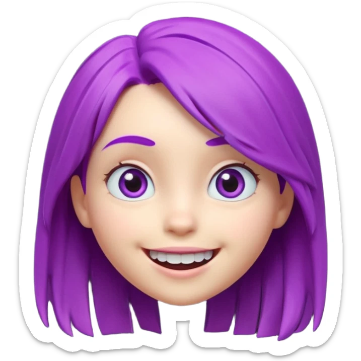 A cute 3D animated emoji character of a young girl face with vibrant purple hair. She has big expressive eyes and a wide happy smile showing teeth. The style is like a Pixar or Disney movie character, soft textures, high quality CGI render, isometric view, on a solid plain white background. sticker