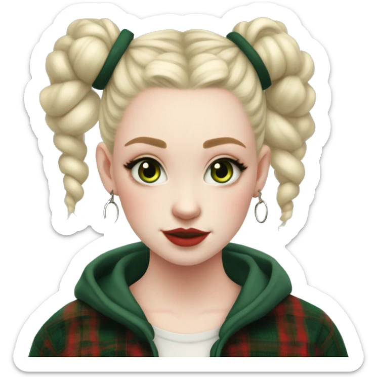  Pale skinned girl, dark green space buns hairstyle, wearing a red flannel, hoop earrings, thick wing eyeliner sticker