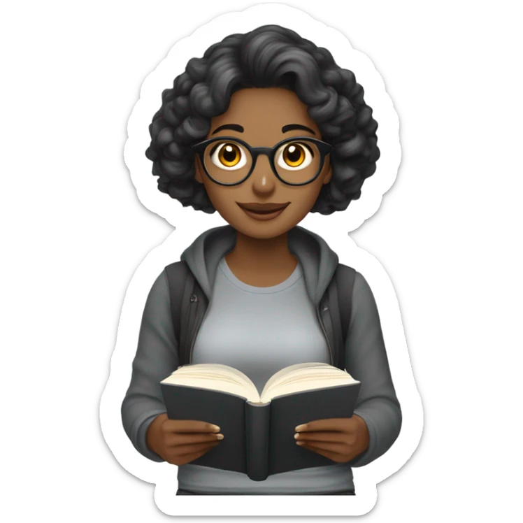 una chica de pelo medio ondulado negro y media morena con top gris leyendo un libro con audifonos sticker