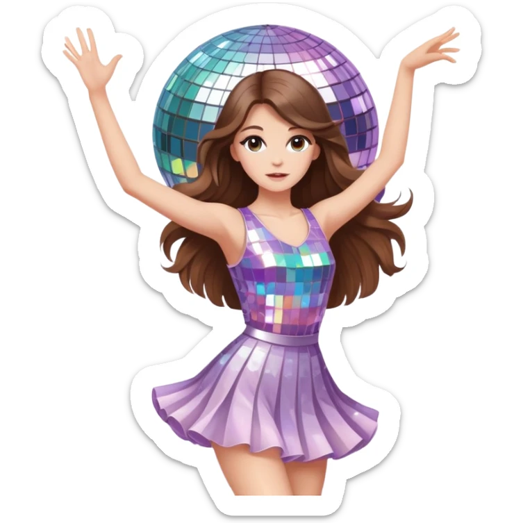 Girl with long brown hair  white girl dancing like nobody’s watching, cute elegant quirky  discoball in background pastel  sticker