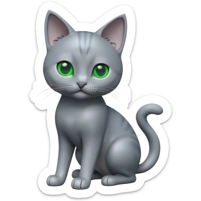 A 3D cartoon Russian Blue cat in cool silver-gray tone, smooth fur, green eyes, sleek lighting, cinematic 3D Memoji style. full body or half body. sticker