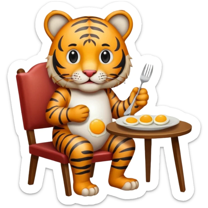 Tiger sitting by a table on a chair, with a plate of eggs and bacon in front of him on the table sticker