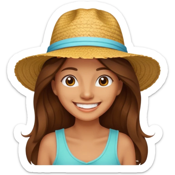 woman with long brown hair on vacation, happy and smilling with theeth and a hat sticker