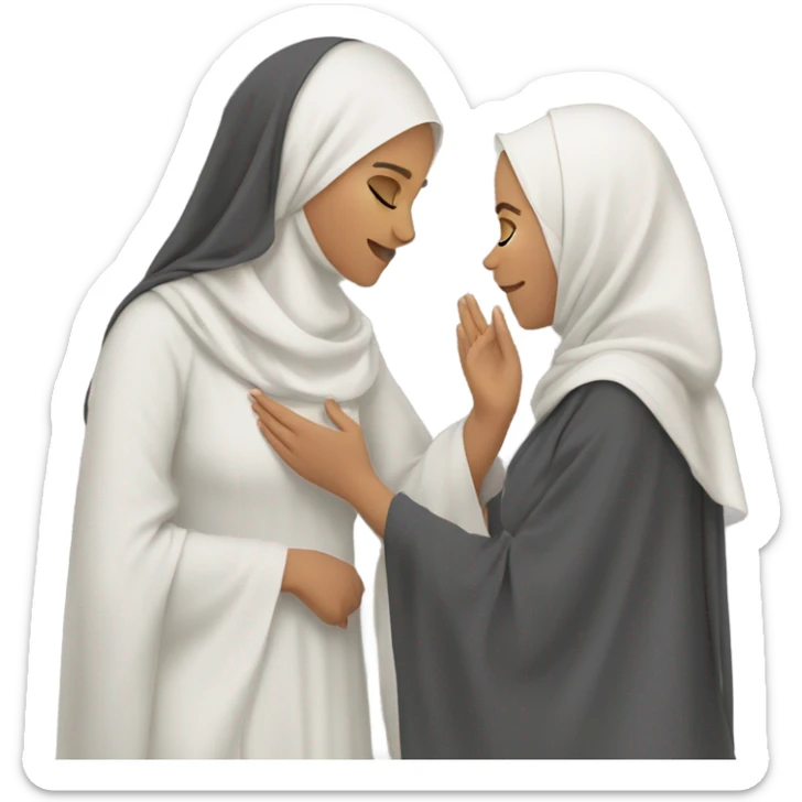 A teenage girl giving a respectful hand-kiss (salim) to her mother.  Both the daughter and the mother are wearing hijabs and abayas. sticker