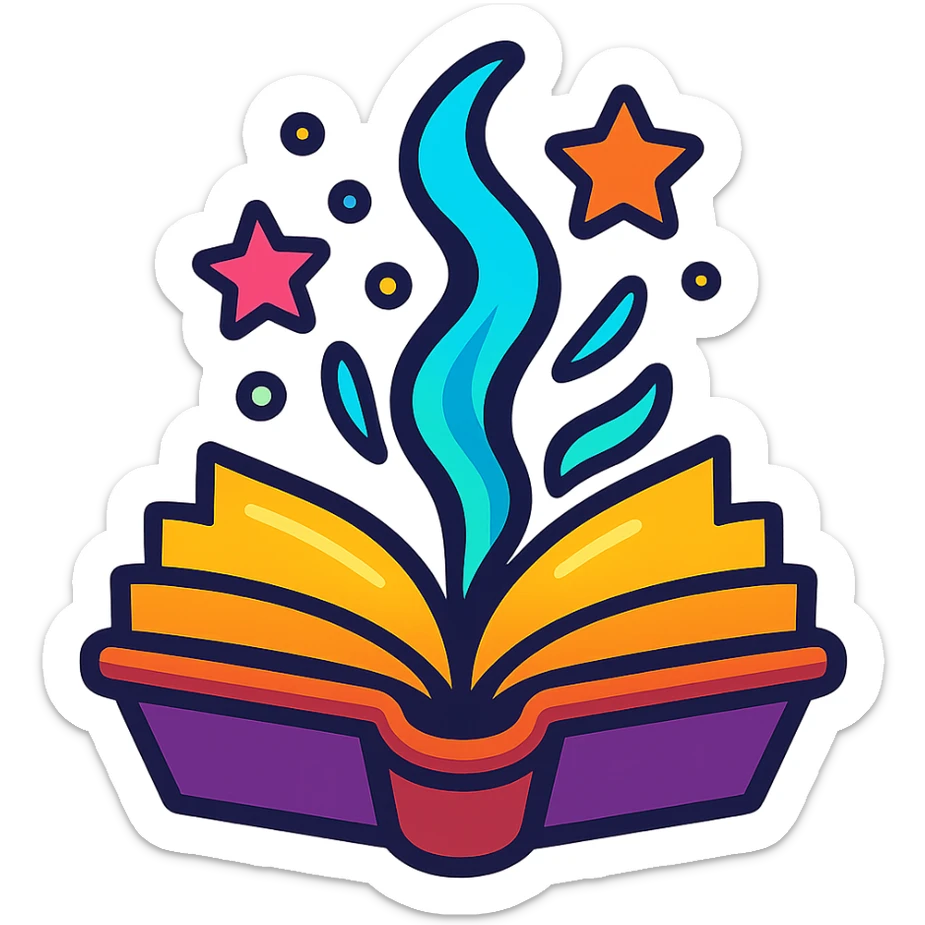 animated icon of a fantasy book opening, emitting magical energy, colorful and eye-catching sticker