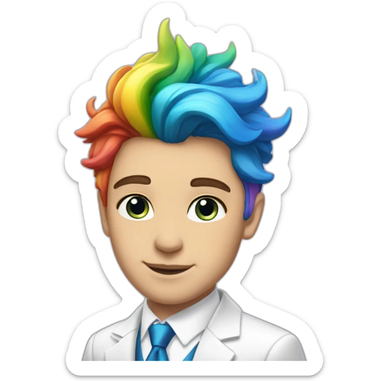 Posh-boy-with-white-suit-and-blue-eyes-and-rainbow-unicorn-hair sticker