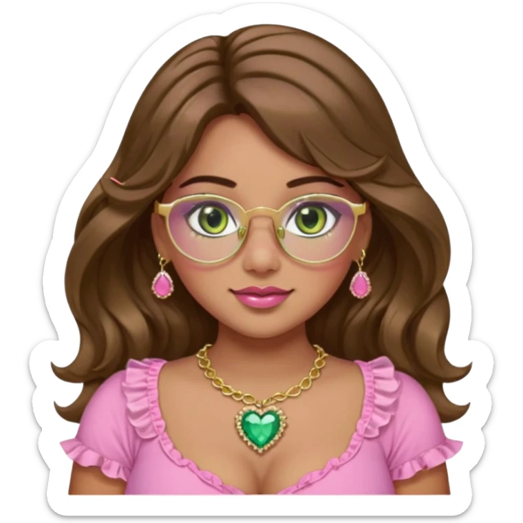 Girl girl with middle parted long wavy brown hair. green gold eyes. Plus size. pink frilly top. gold nose ring. pink heart crystal necklace. Gold rimmed glasses. Long eyelashes sticker