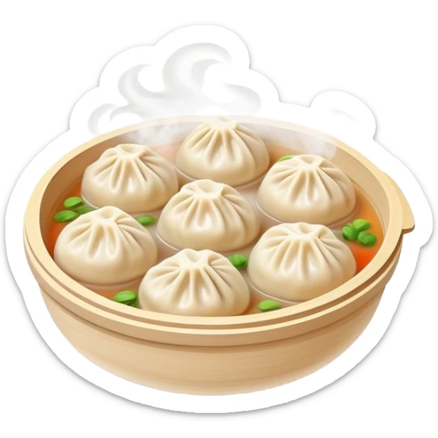 Hangzhou Xiaolongbao steamed soup dumplings with steam rising, simplified emoji style with bold outlines and bright colors, cartoon style Zhejiang specialty sticker