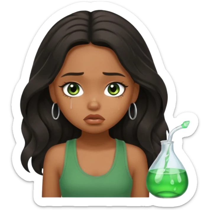 a pretty bratz brown girl with long wavy black color hair, brown eyes and green tank who is depressed and sad sticker